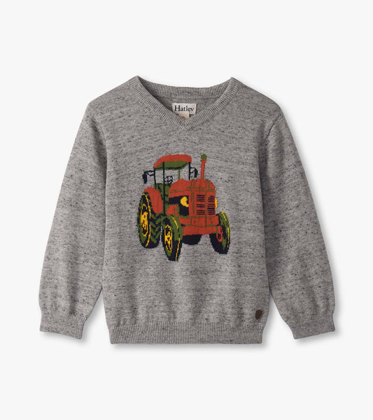 Gray V-neck sweater featuring a colorful tractor design, suitable for baby and toddler boys.
