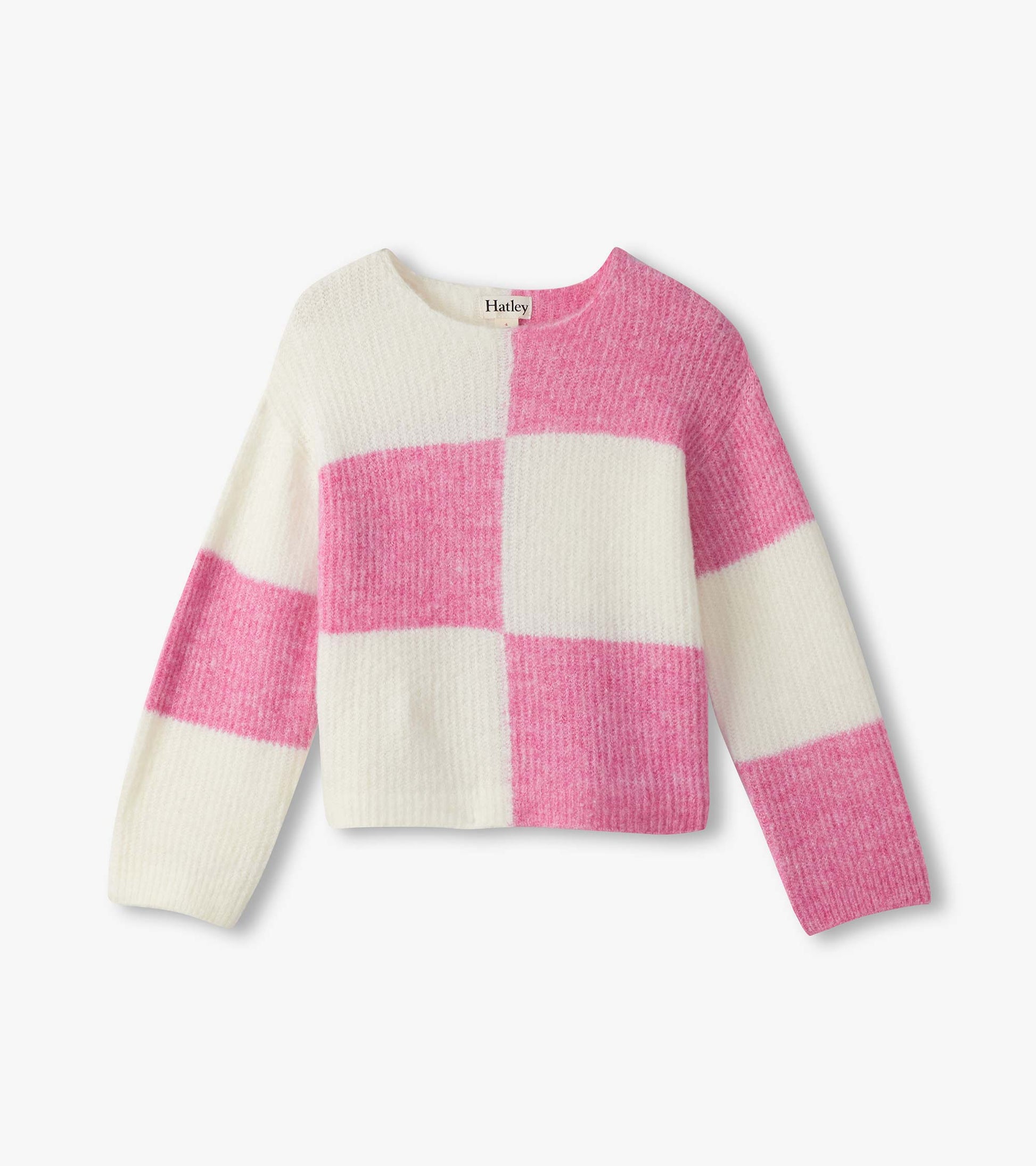 Pink and white checkered drop shoulder sweater with a soft texture, featuring long sleeves and a round neckline.