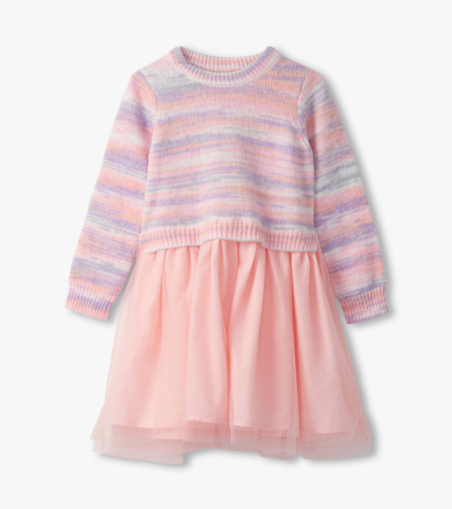 Pastel striped sweater top with a pink tulle skirt, creating a fuzzy mixed dress for girls.