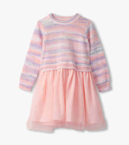 Pastel striped sweater top with a pink tulle skirt, creating a fuzzy mixed dress for girls.