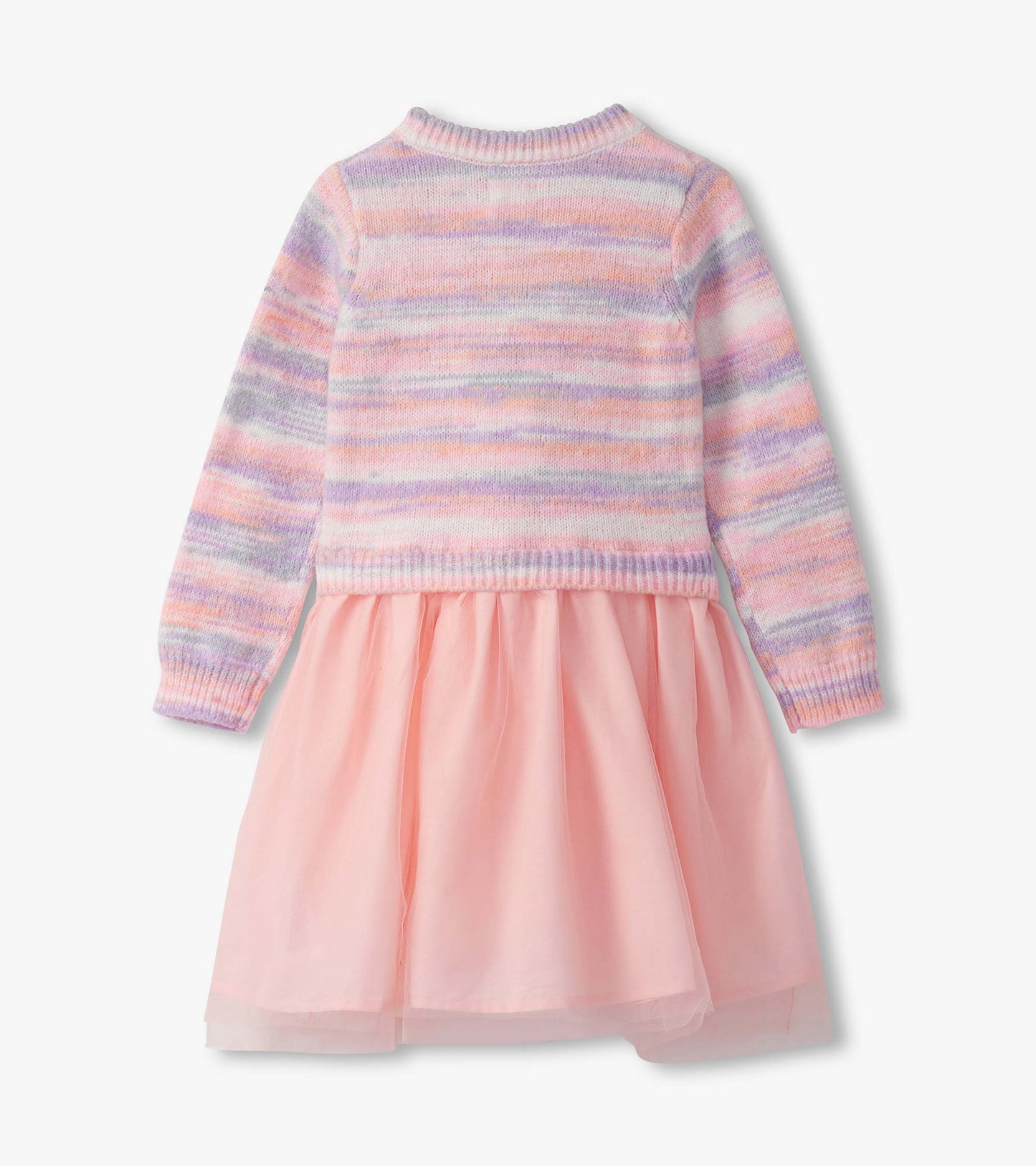 Pastel striped top with long sleeves and a pink tulle skirt, designed for girls. Back view of the dress.