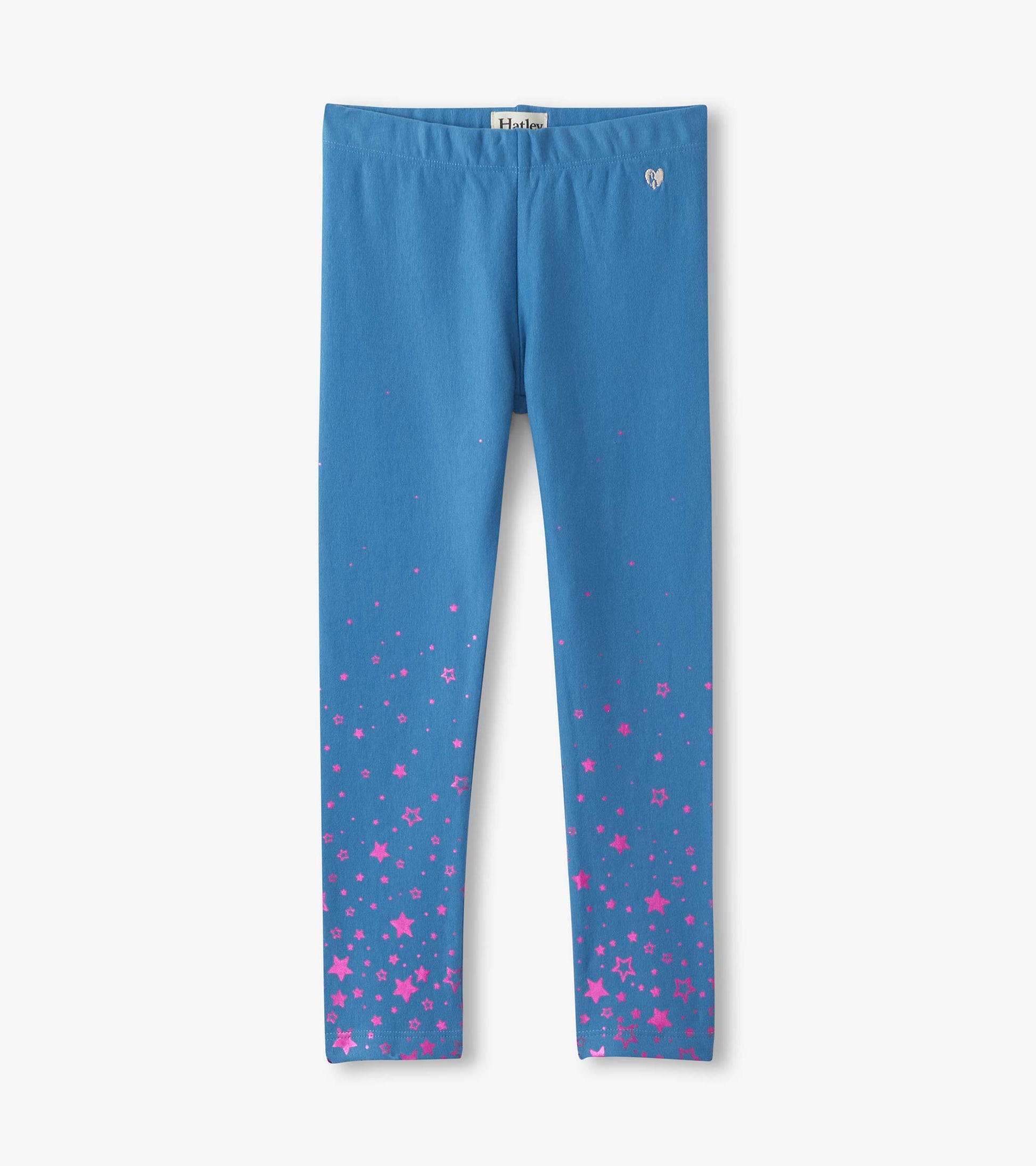Blue leggings featuring a gradient of pink stars, made from soft, stretchy material, suitable for casual wear.