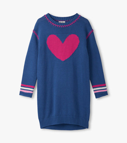 Blue drop shoulder sweater dress featuring a large pink heart design and striped cuffs. Suitable for casual wear.