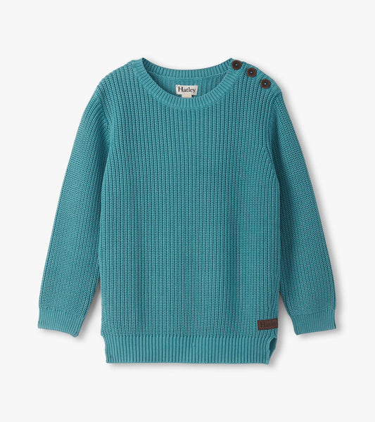 Teal knit sweater with a button neck, featuring long sleeves and a ribbed hem, suitable for boys.
