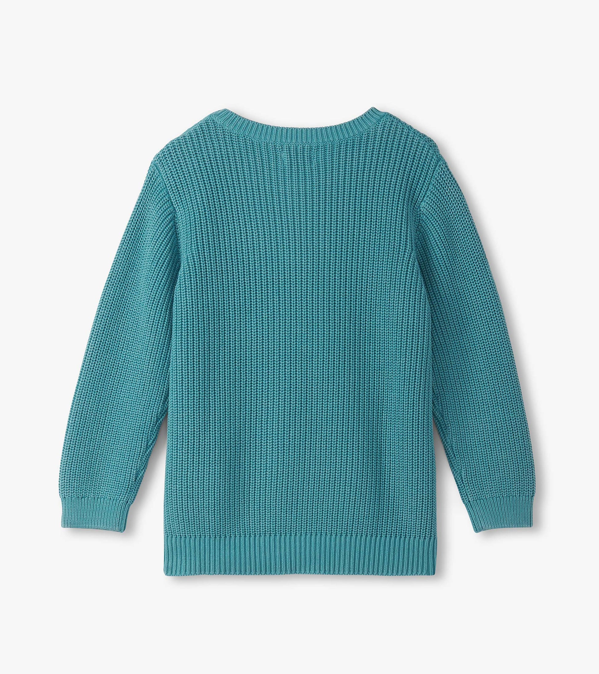 Teal button neck sweater for boys, featuring a textured knit design and ribbed cuffs and hem. Back view shown.