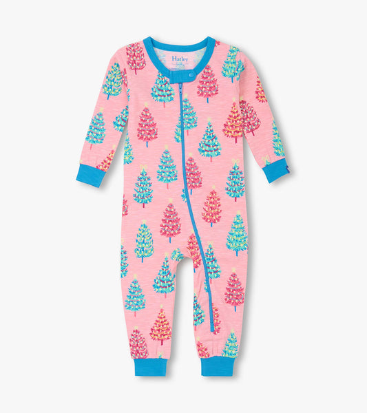 Pink cotton sleeper with colorful bottle brush tree pattern and blue trim, featuring a front zipper and long sleeves.