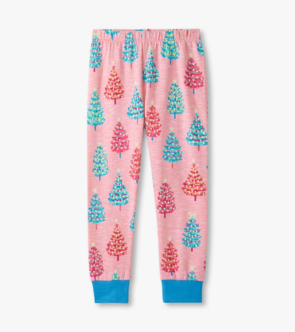 Pink cotton pajama set featuring colorful bottle brush tree patterns and blue cuffs.