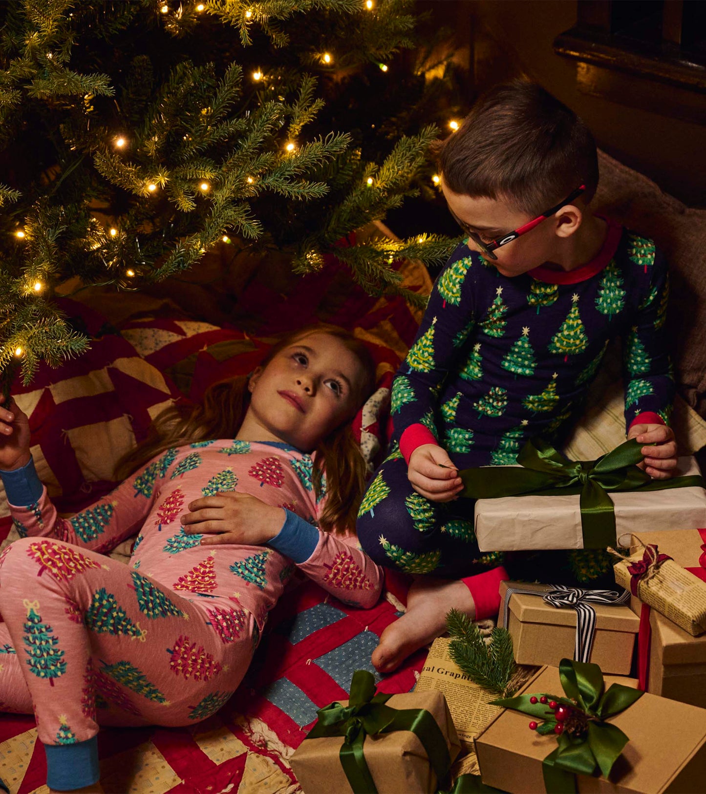 Girls Pink Bottle Brush Trees Glow in the Dark Cotton Pyjama Set