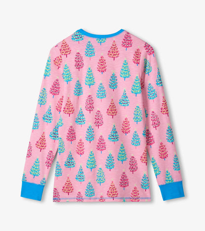 Pink cotton pyjama top featuring colorful bottle brush tree patterns and blue cuffs, shown from the back.