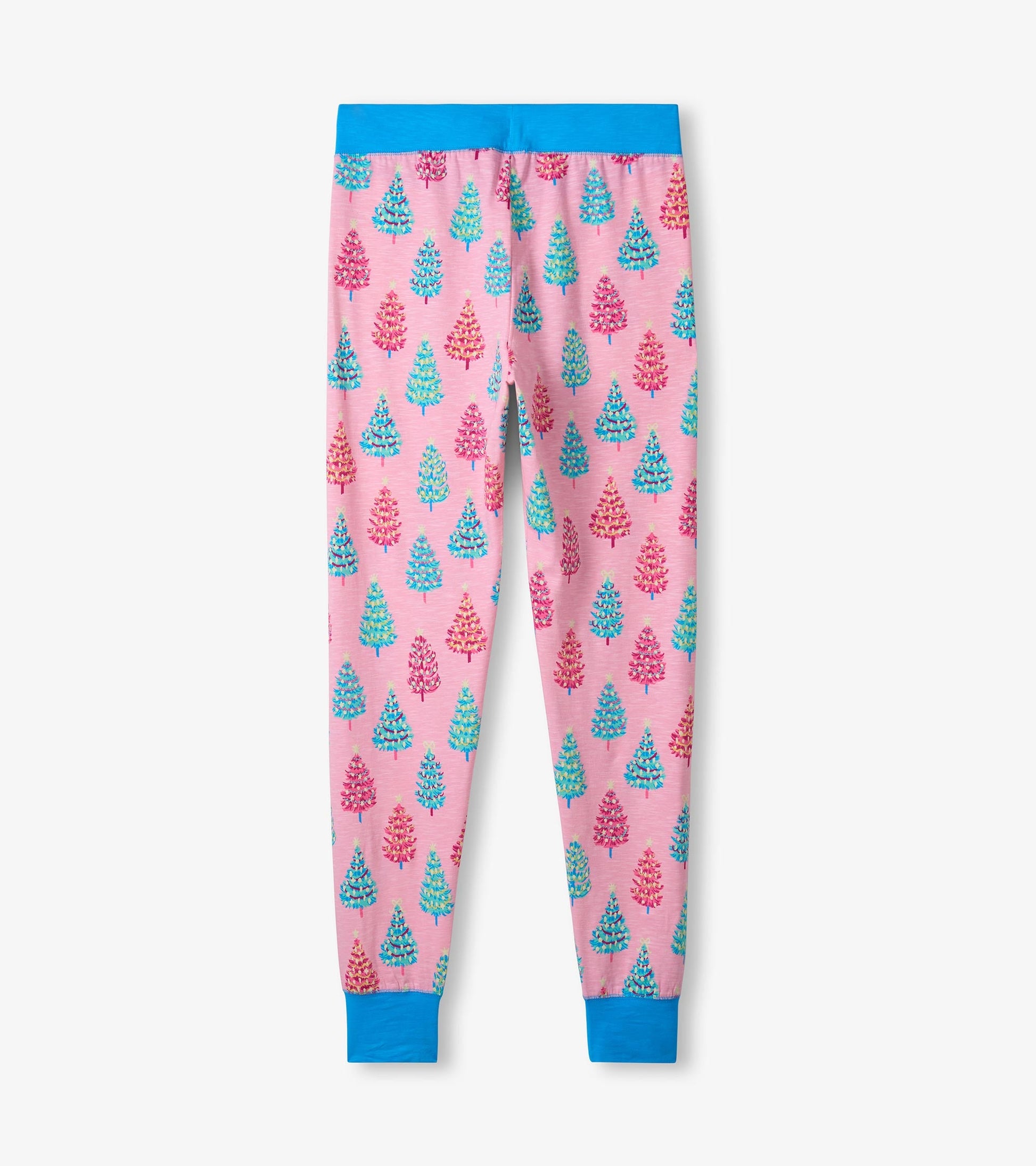 Pink cotton pyjama set featuring colorful bottle brush tree patterns, with a blue waistband and cuffs.