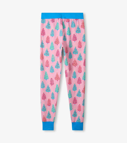 Pink cotton pyjama set featuring colorful bottle brush tree patterns, with a blue waistband and cuffs.