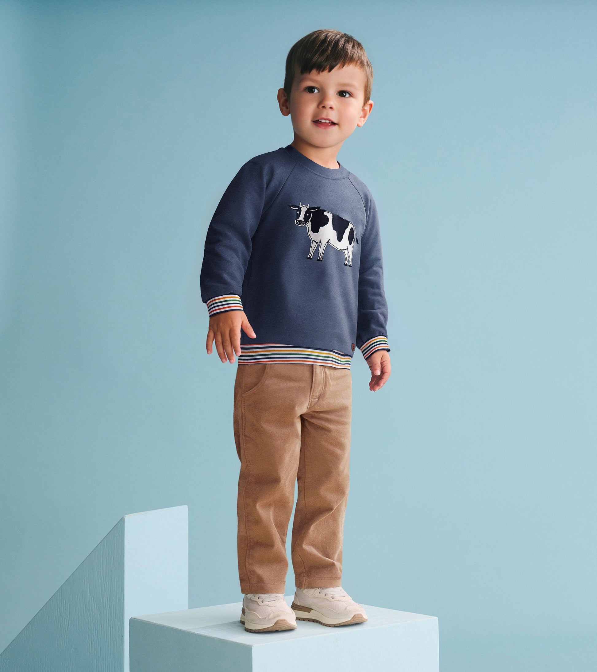 Navy pullover sweatshirt with a cow graphic and striped cuffs, worn by a boy standing on a blue platform.