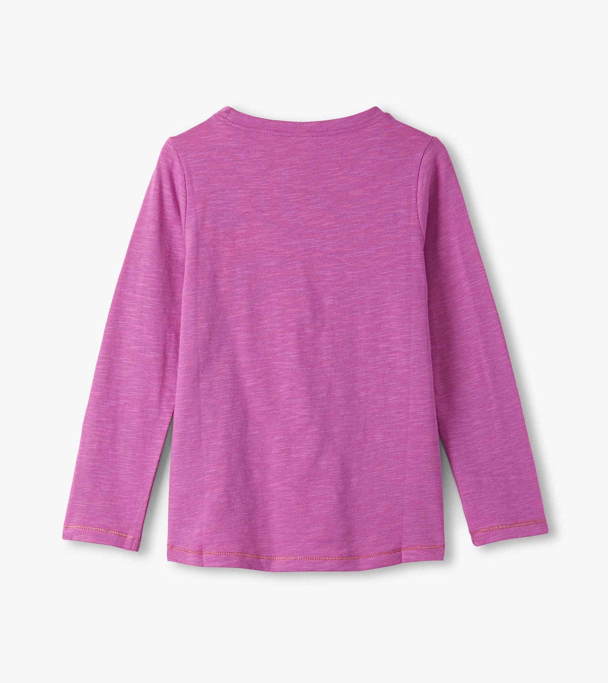 Long sleeve graphic tee in light purple with a soft texture, featuring a simple round neckline and straight hem.