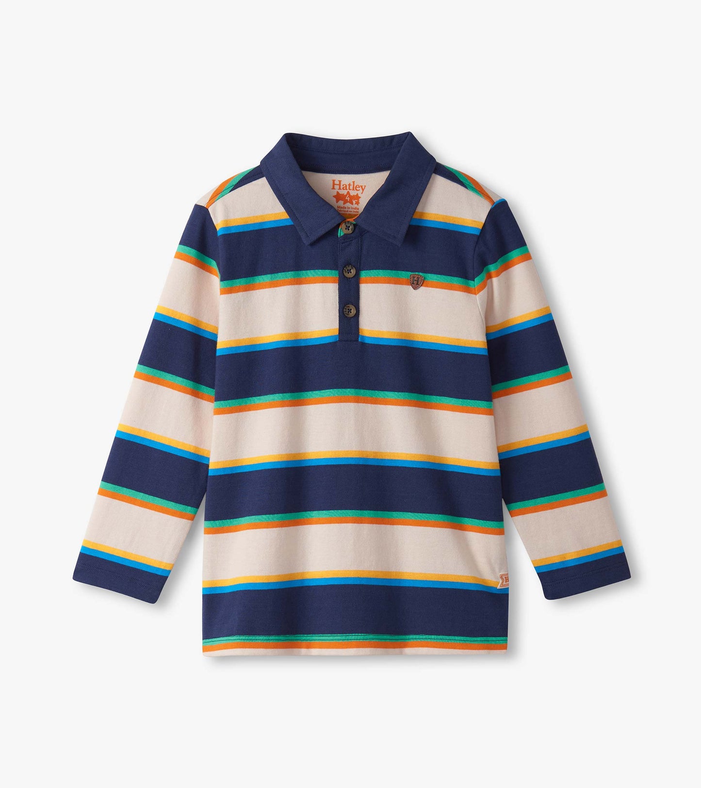 Long-sleeve rugby shirt featuring navy and cream stripes with orange, green, and blue accents, and a collared neckline.