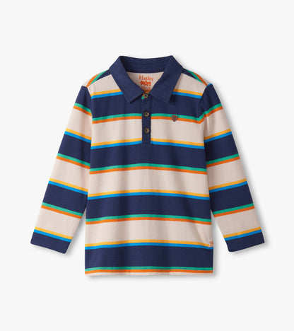 Long-sleeve rugby shirt featuring navy and cream stripes with orange, green, and blue accents, and a collared neckline.