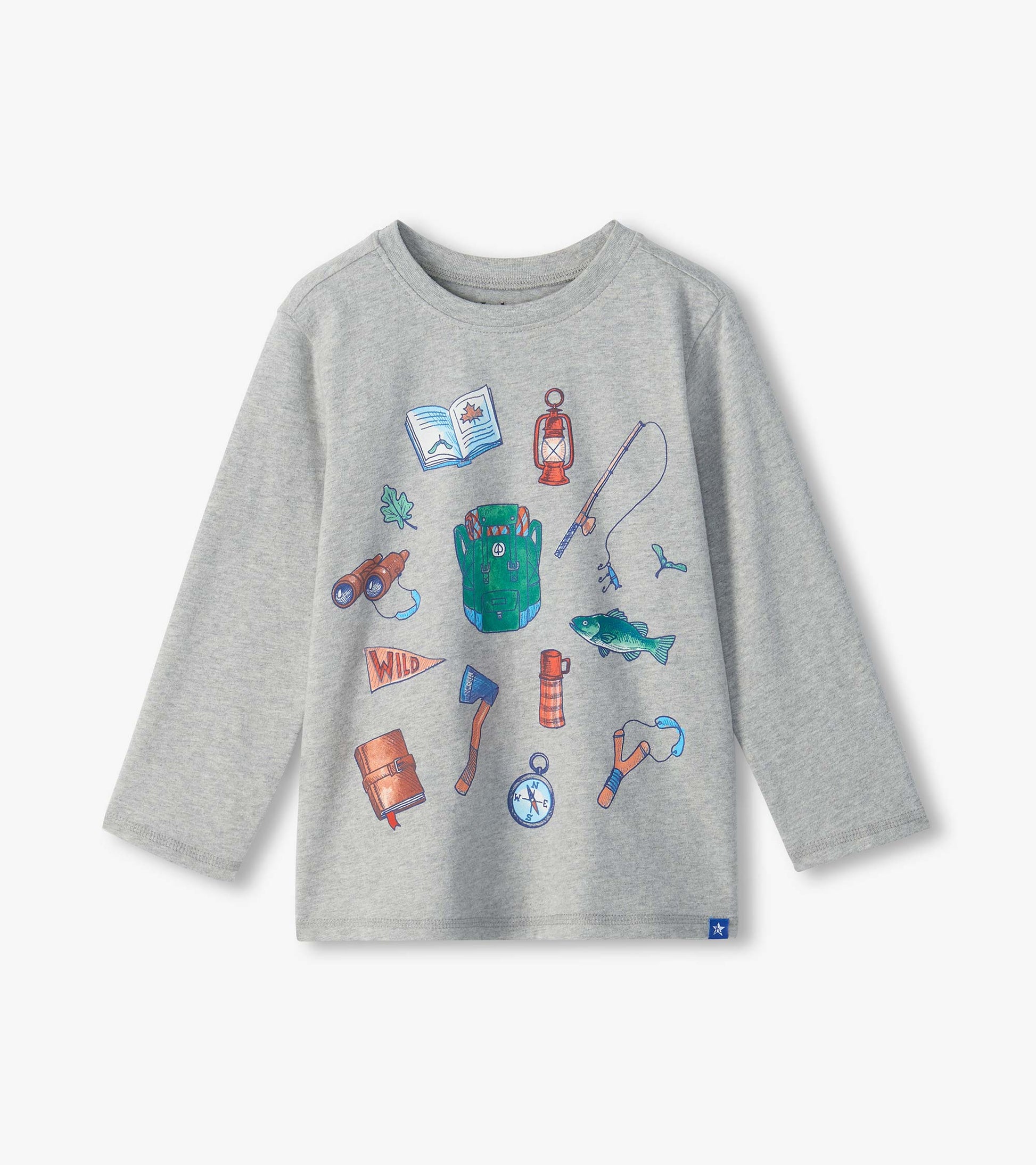 Gray long sleeve crew neck tee with colorful camping and fishing graphic icons on the front