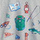 View Boys Backpacker Graphic T-Shirt white swatch with scattered colorful backpacking-themed doodles, including a green backpack, map, binoculars, compass, and pennant flags