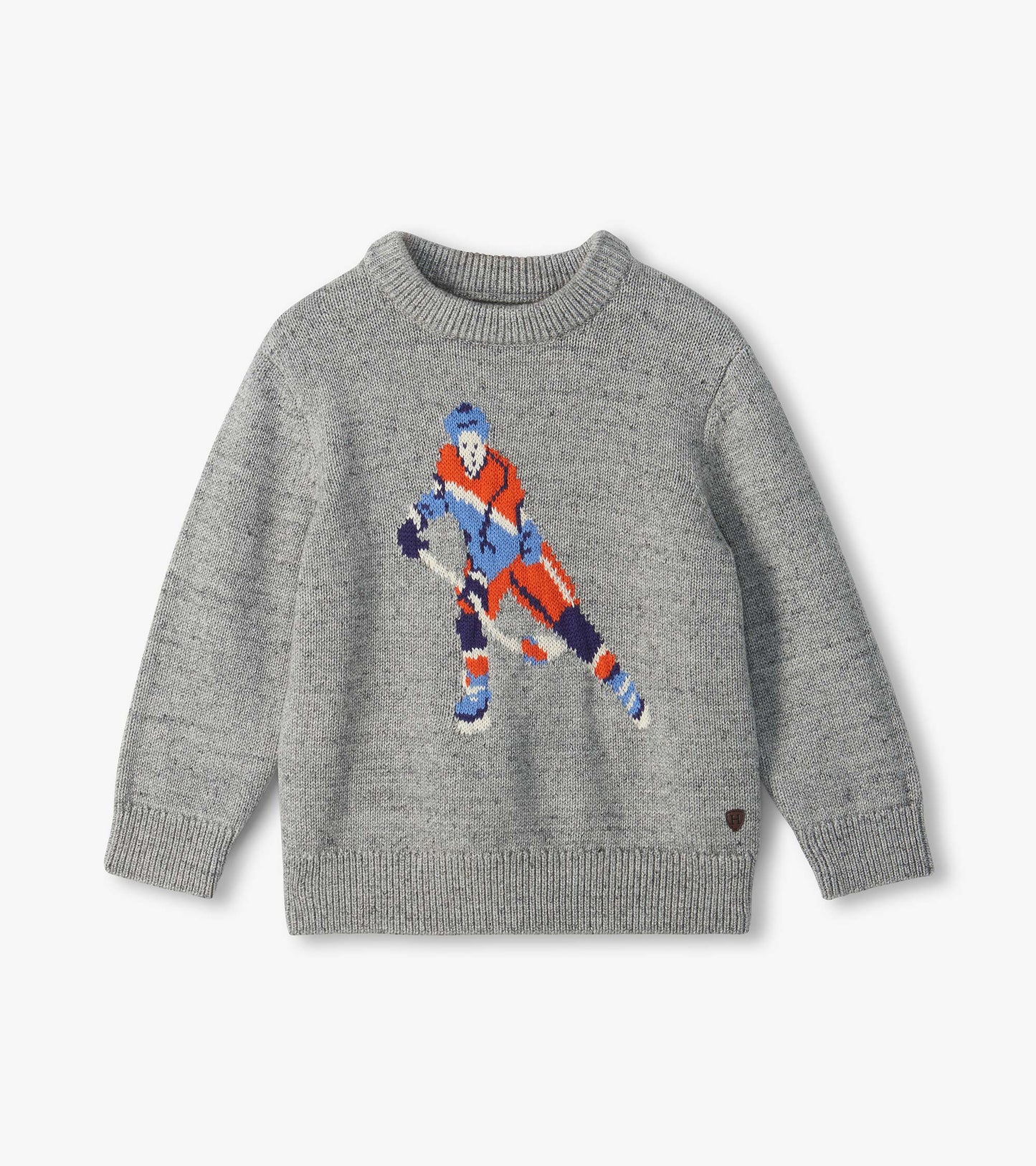 Gray crew neck sweater with a large hockey player graphic in blue, orange, white, and navy on the front