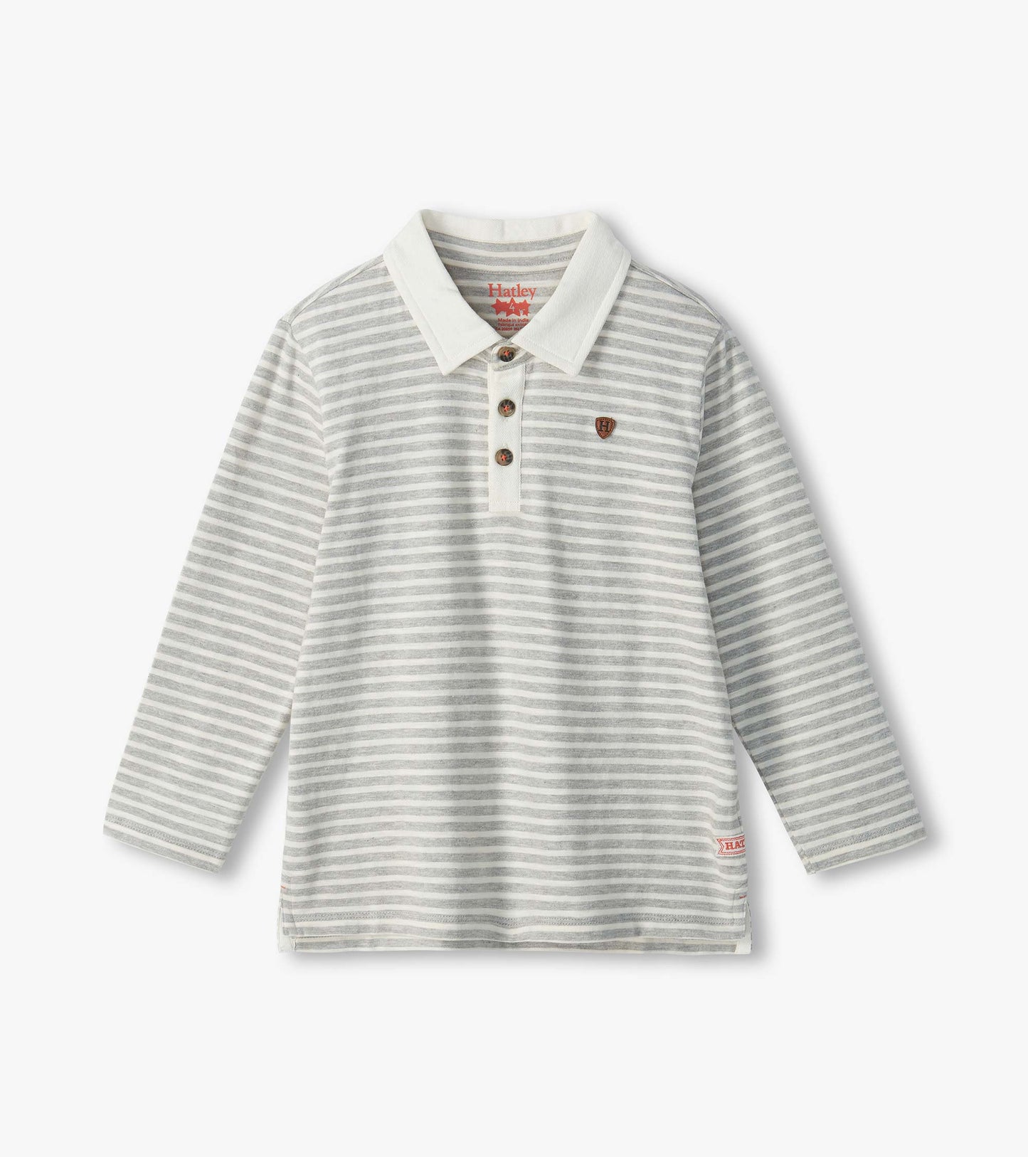 Kids long-sleeve rugby shirt in grey and white stripes with white collar and three-button placket