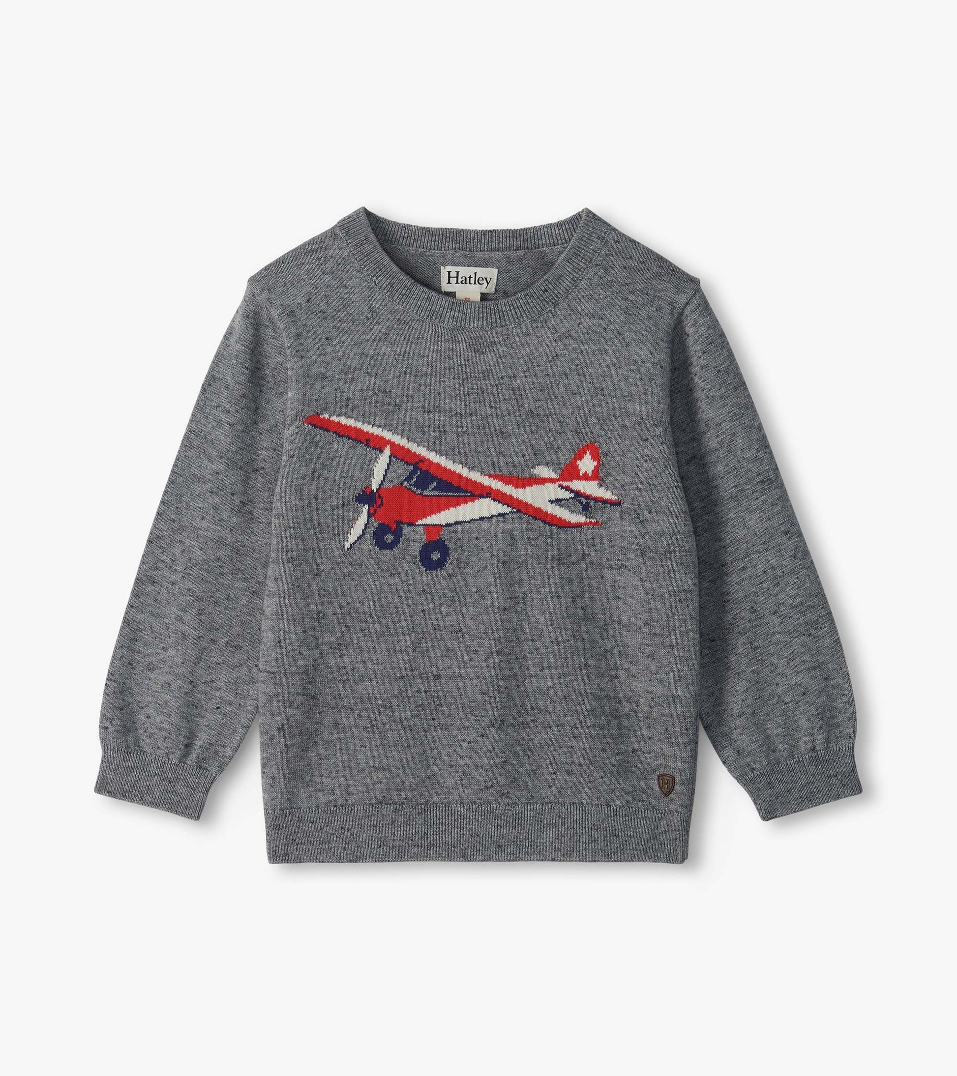Gray crew neck sweater with a red, white and blue vintage airplane graphic on the front