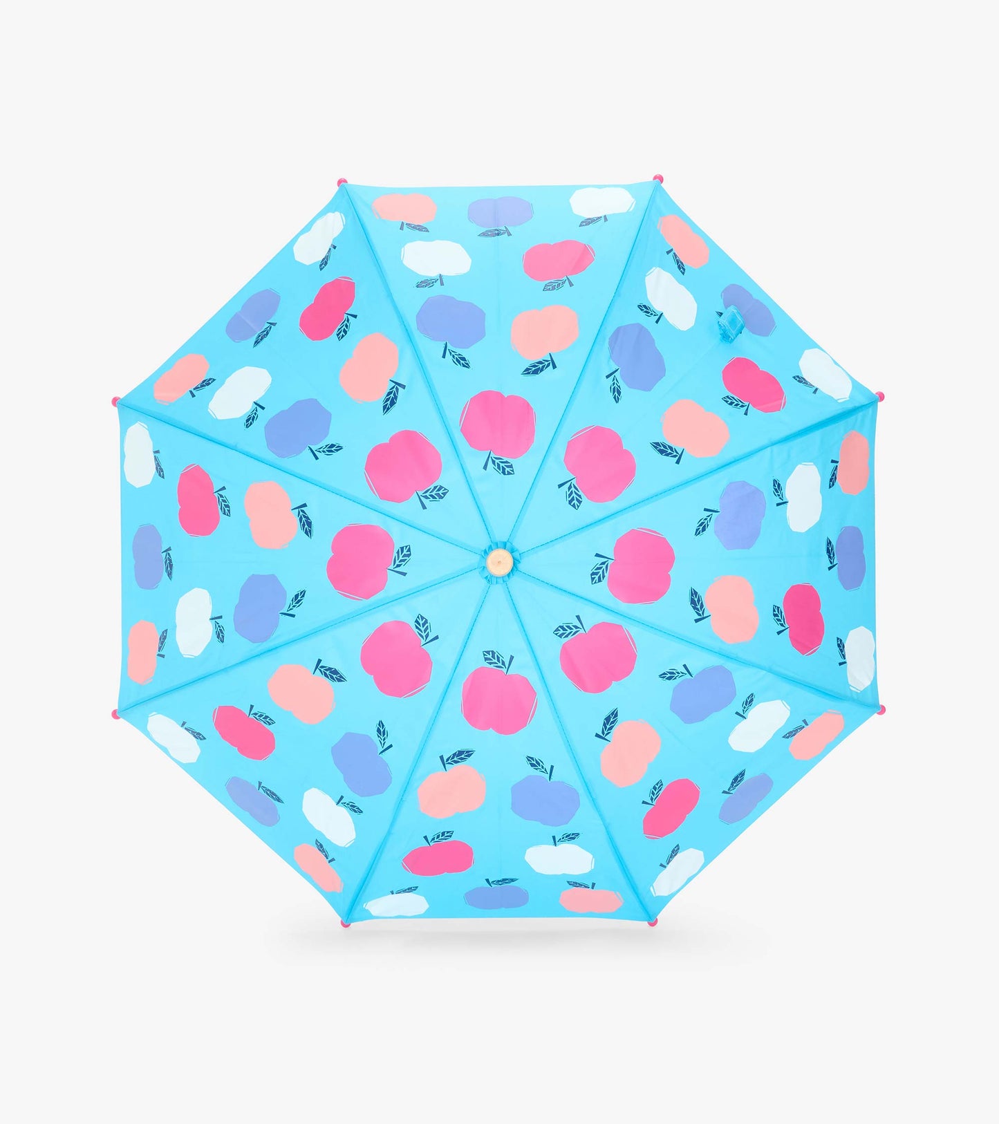Top view of blue umbrella canopy with pink, white, and purple apple print
