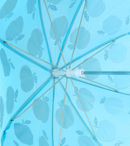 Underside view of blue umbrella showing metal ribs and reverse apple print