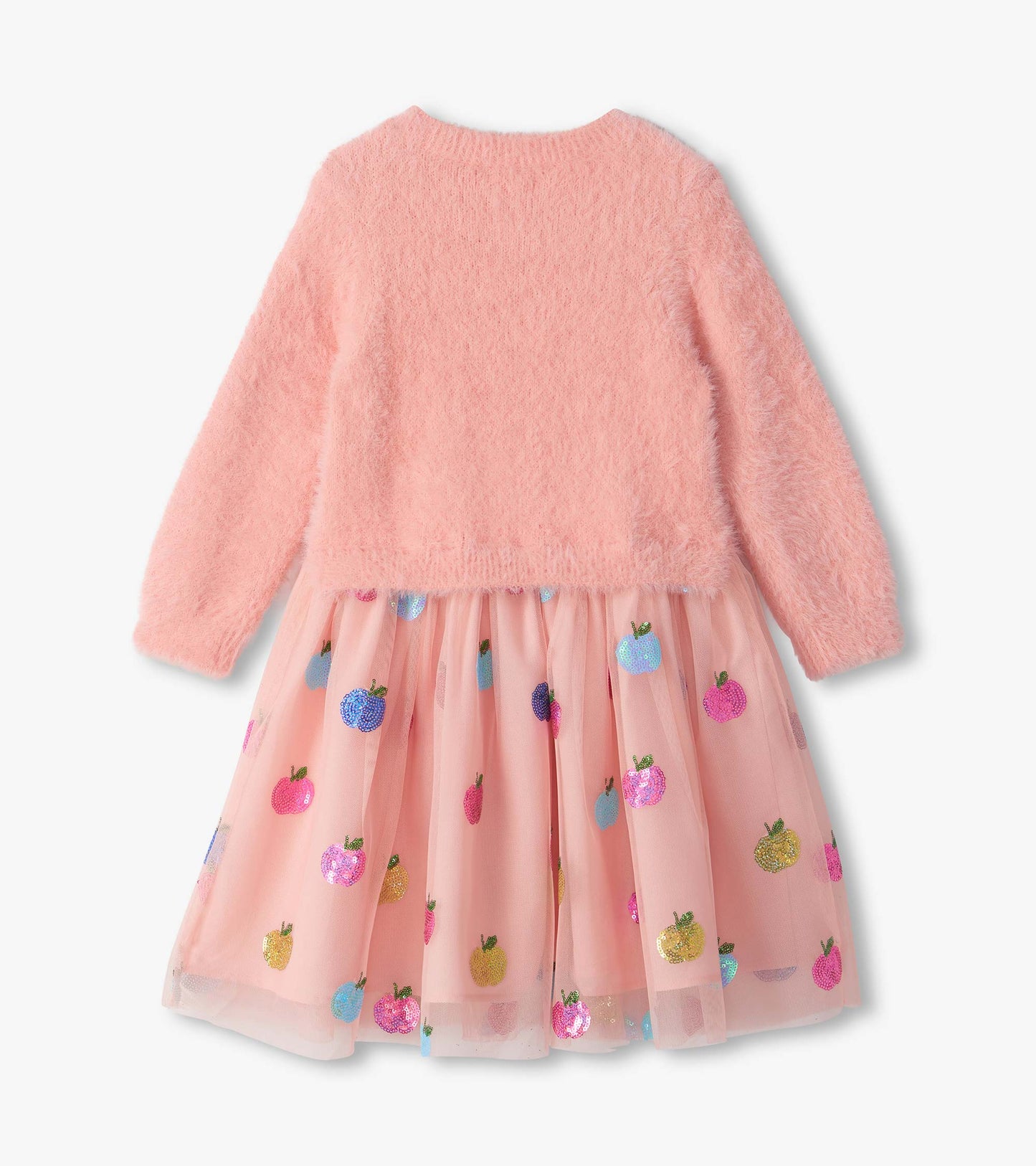 Back view of pink mixed dress with fuzzy long-sleeve top and tulle skirt with colorful apple sequins