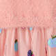 View Girls Apple Orchard Sequins Fuzzy Mixed Dress Pink fuzzy textured swatch with small blue and purple embroidered details