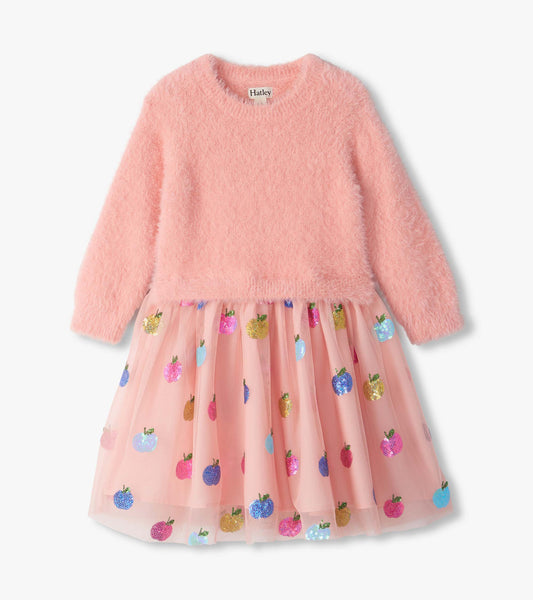 Girls Apple Orchard Sequins Fuzzy Mixed Dress