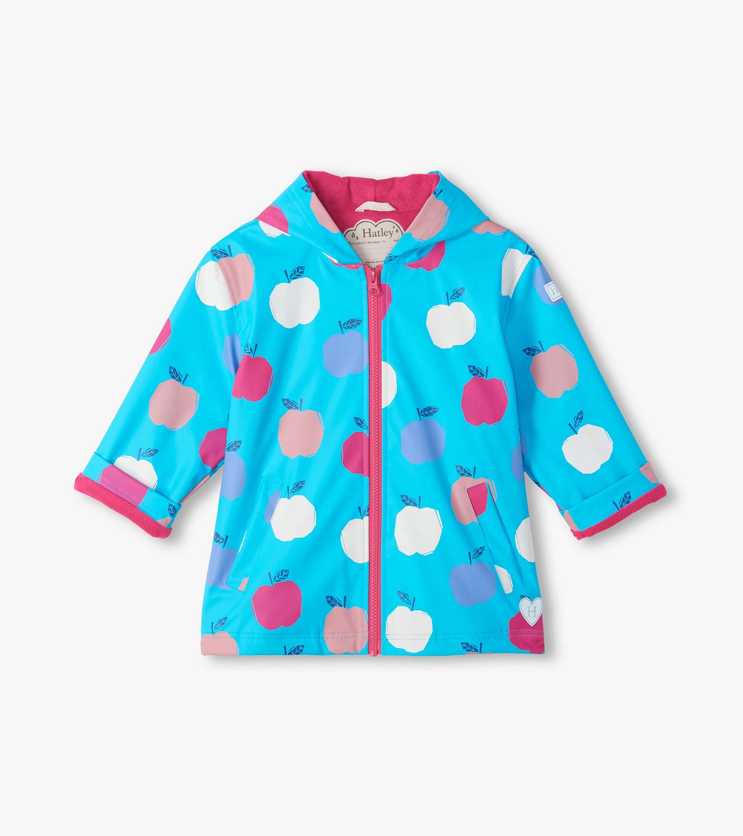 Front view of kids blue rain coat with apple print, pink zipper, hood, and pink lining