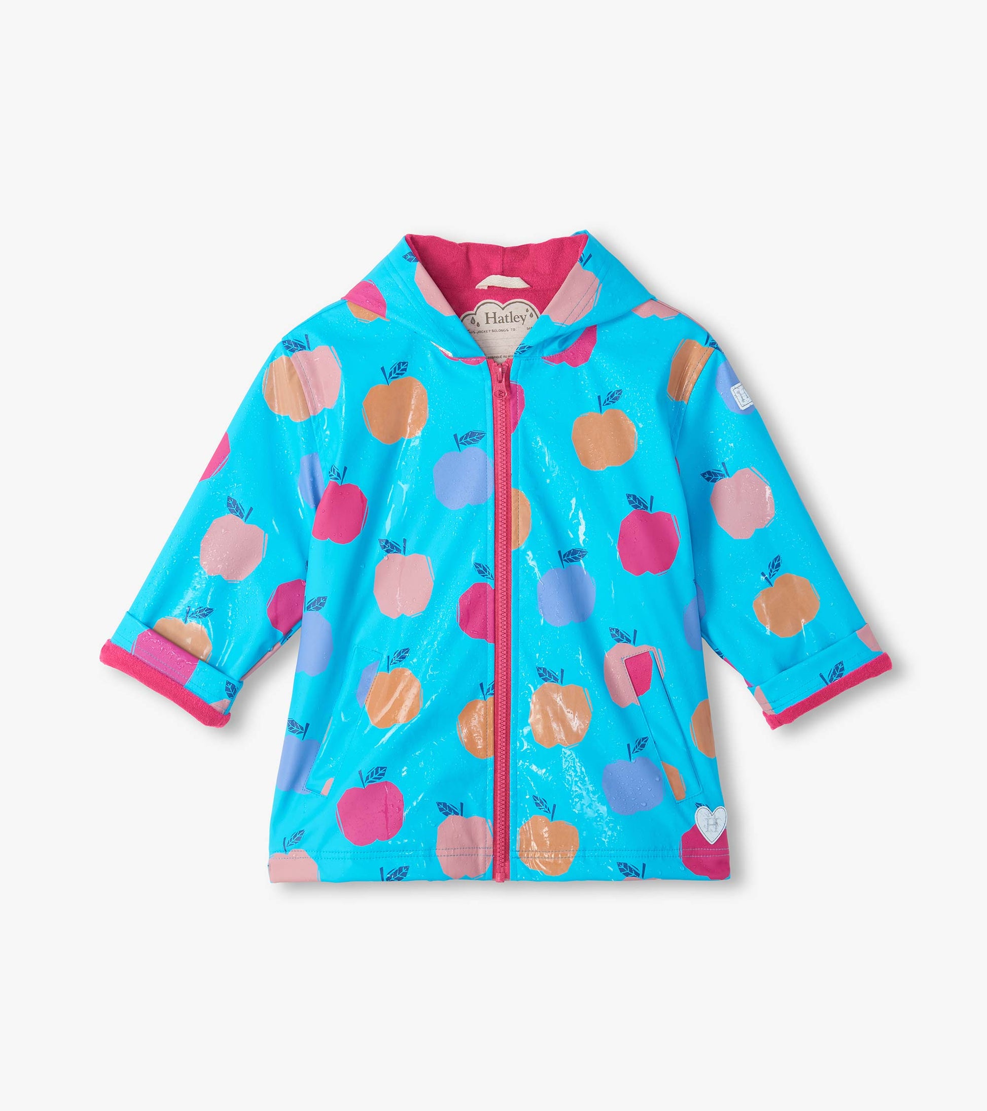 Front view of colour change rain coat with darker apple print, pink zipper, hood, and pink lining