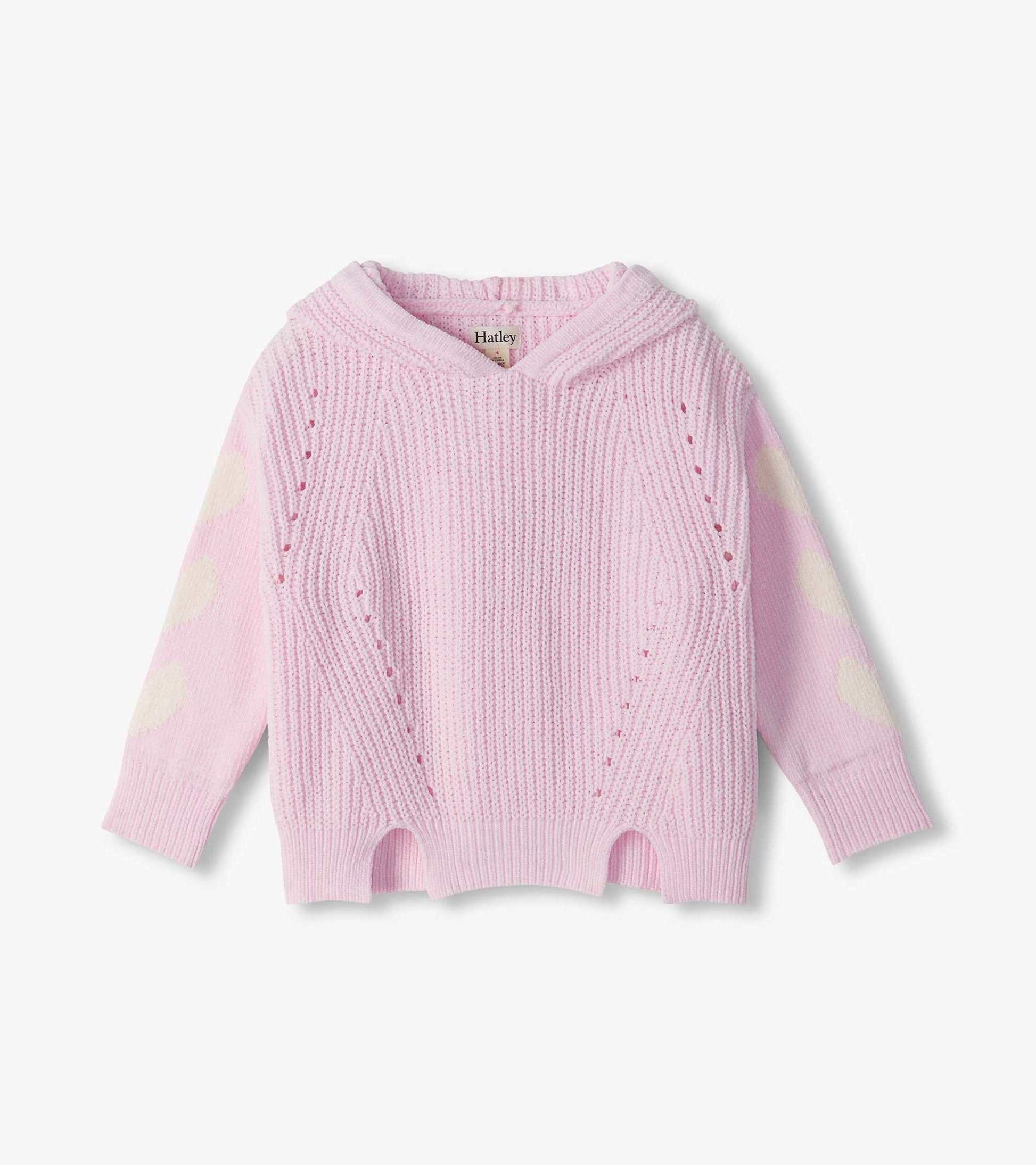 Light pink hooded pullover sweater with pointelle front details and cream striped sleeves