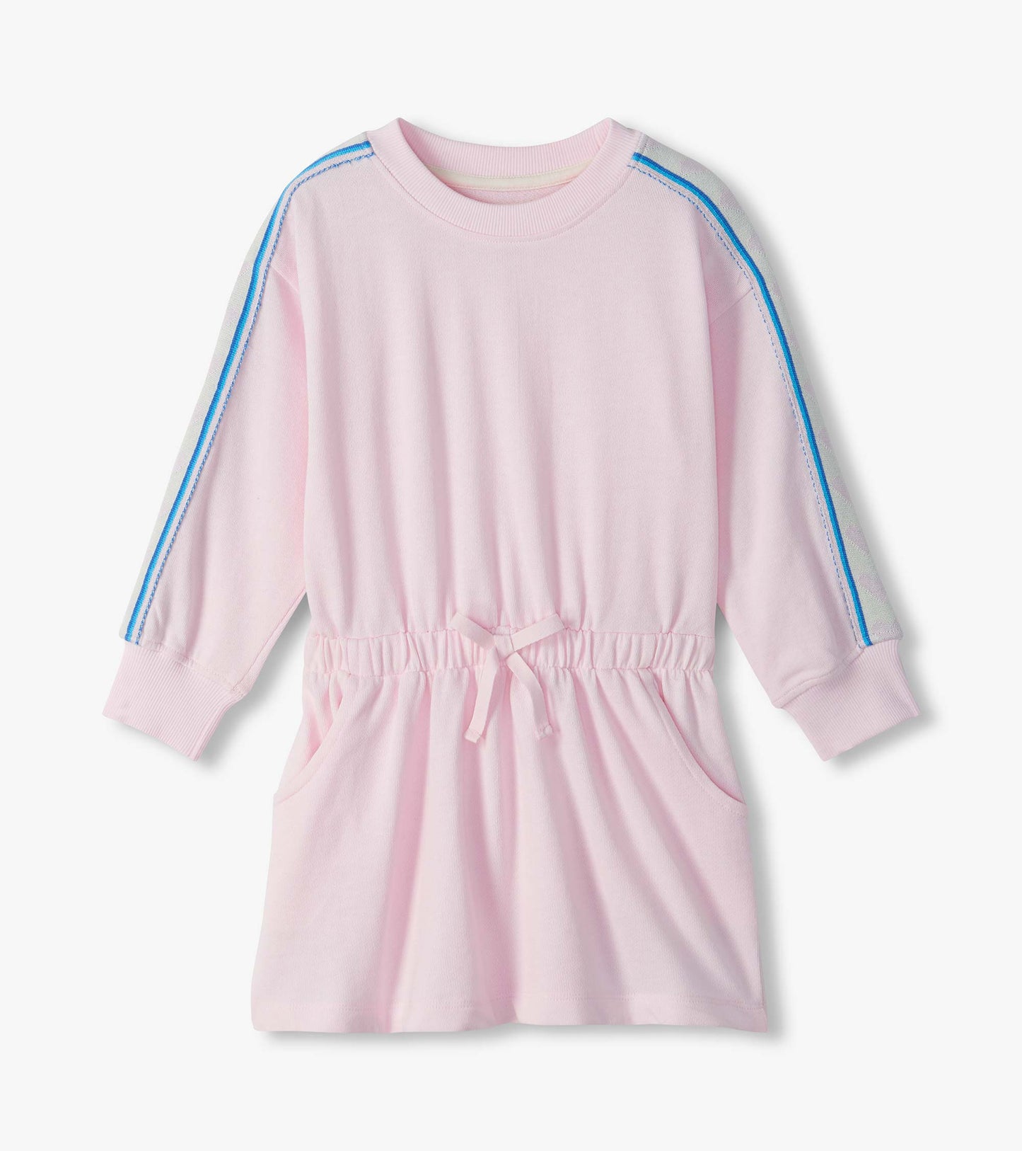 Light pink long-sleeve dress with blue shoulder stripes, gathered waist tie, ribbed cuffs, and front pockets