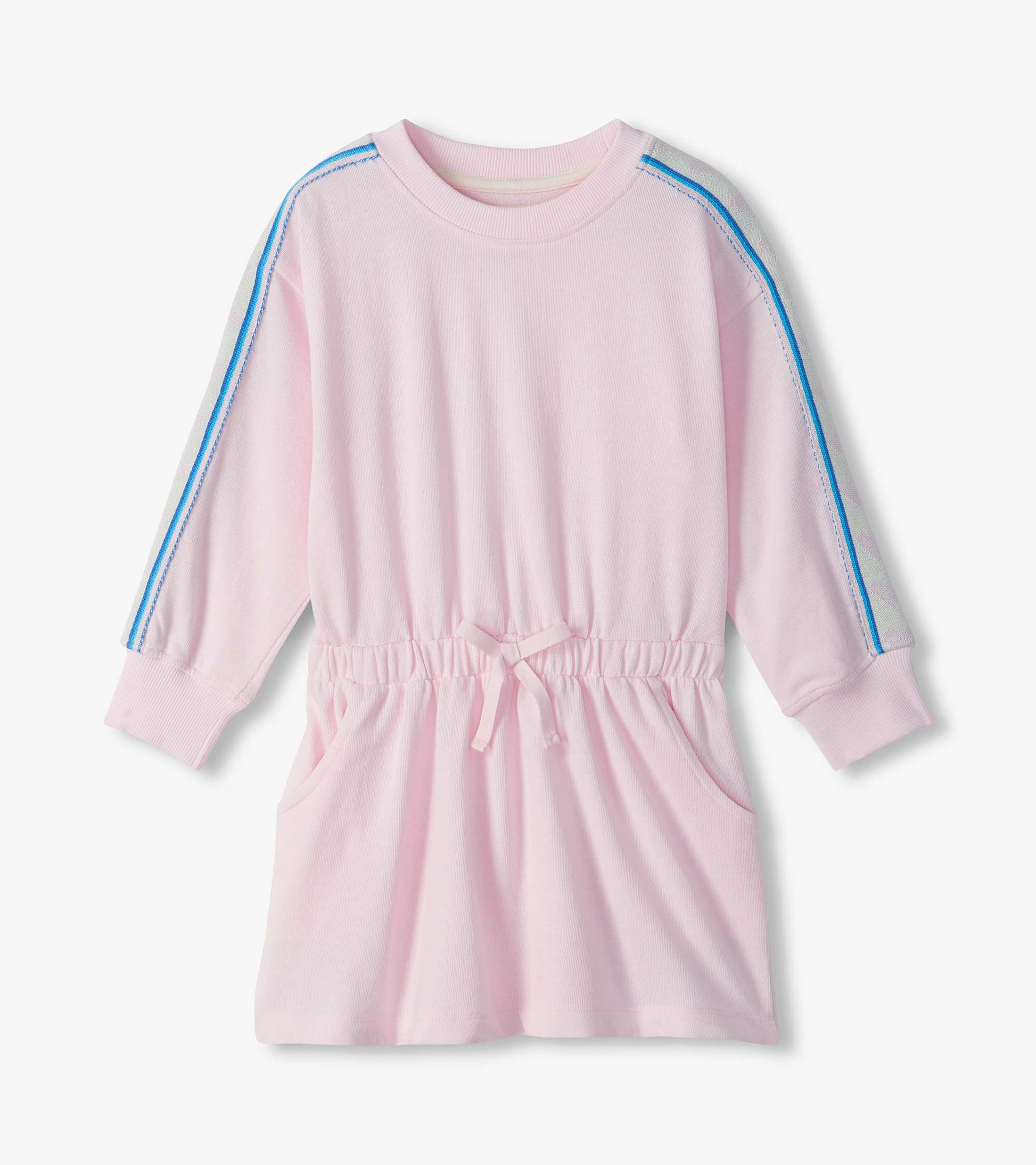 Light pink long-sleeve dress with blue shoulder stripes, gathered waist tie, ribbed cuffs, and front pockets