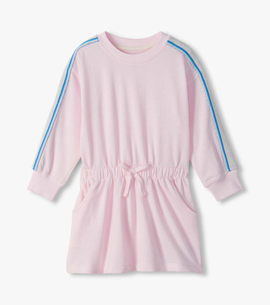 Light pink long-sleeve dress with blue shoulder stripes, gathered waist tie, ribbed cuffs, and front pockets