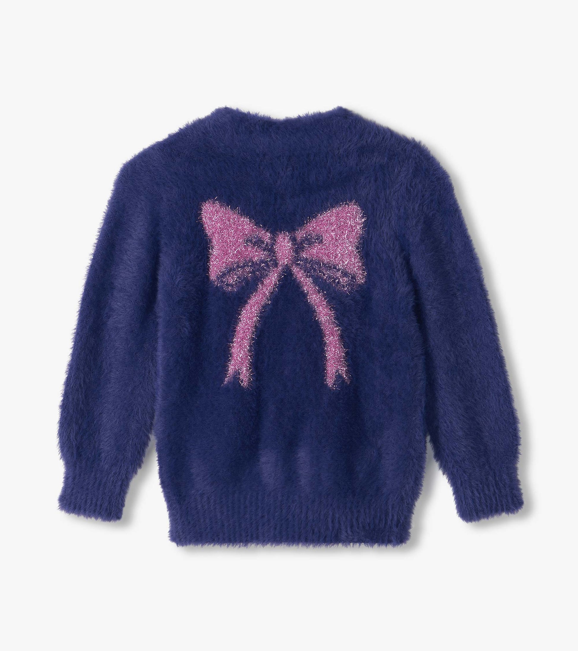 Back view of navy fuzzy cardigan with large pink bow design
