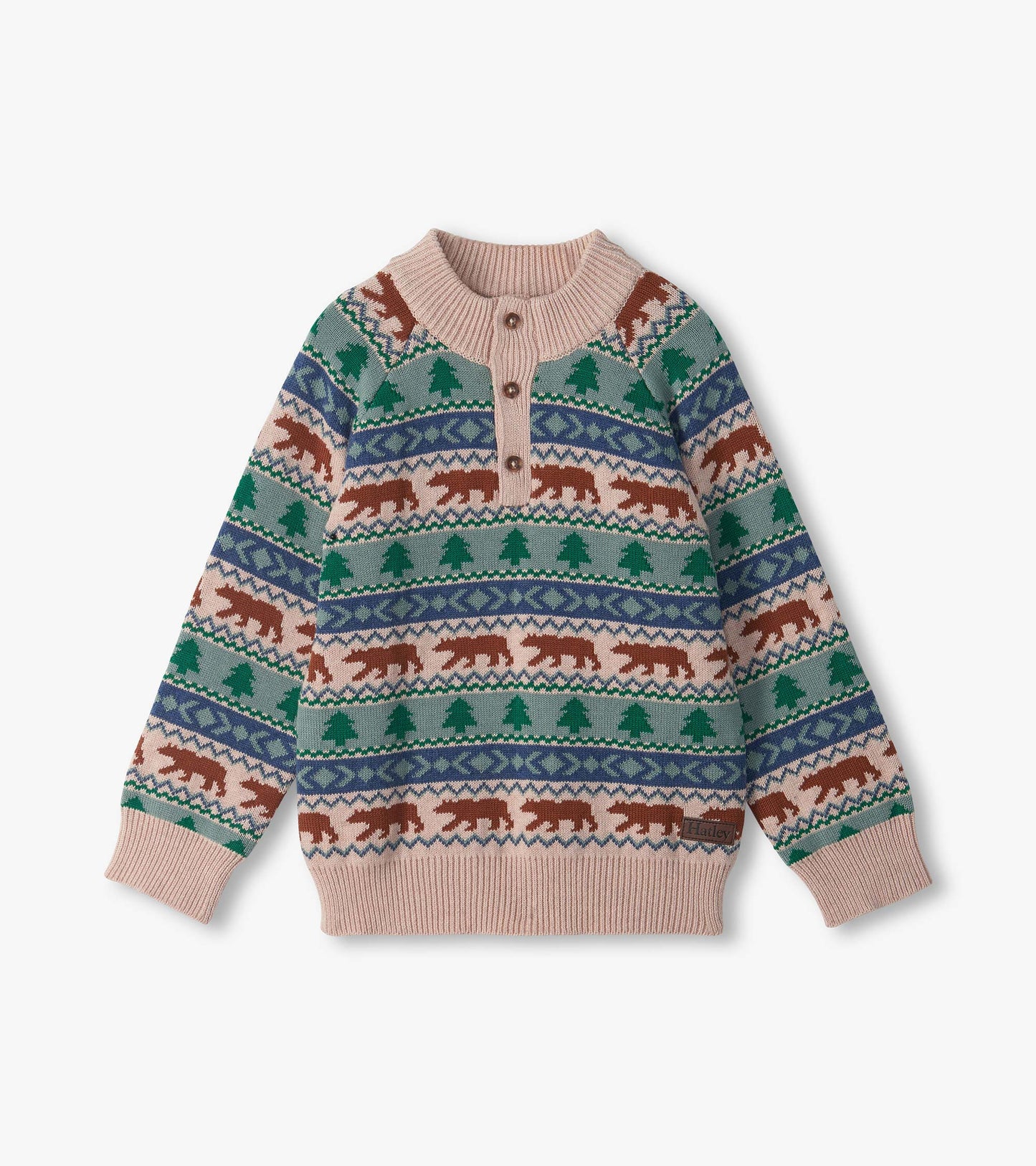 Kids mock neck sweater with bear and tree fair isle pattern, button placket, and ribbed cuffs in pink, green, and blue