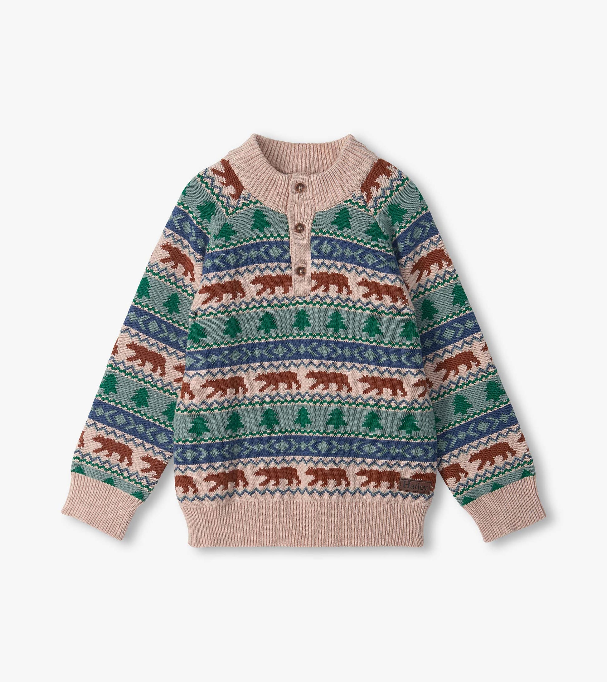 Kids mock neck sweater with bear and tree fair isle pattern, button placket, and ribbed cuffs in pink, green, and blue