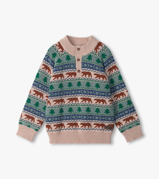 Kids mock neck sweater with bear and tree fair isle pattern, button placket, and ribbed cuffs in pink, green, and blue