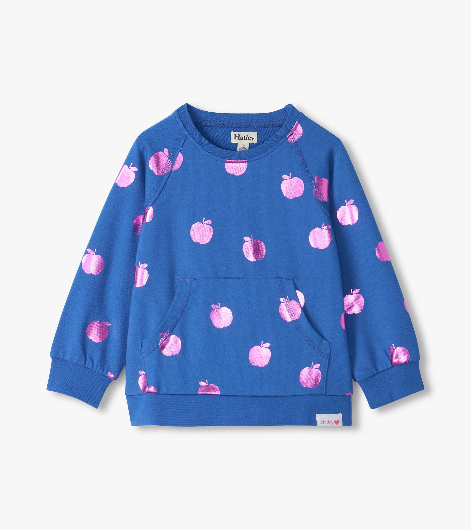 Blue pullover sweatshirt with pink apple print, crewneck, raglan sleeves, and front kangaroo pocket