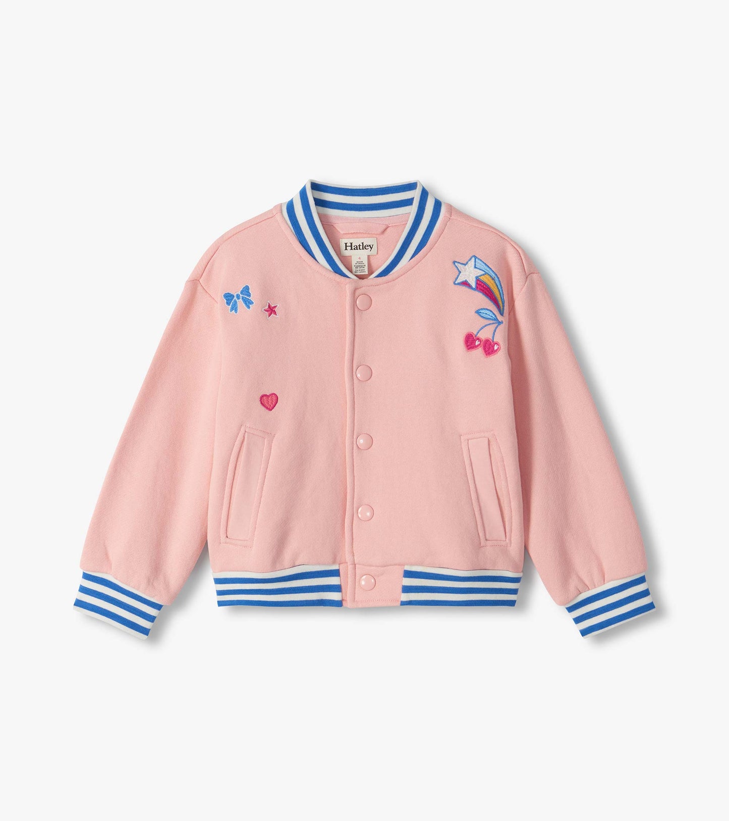 Front view of pink varsity bomber jacket with blue striped trim and star, bow, heart, and cherry patches