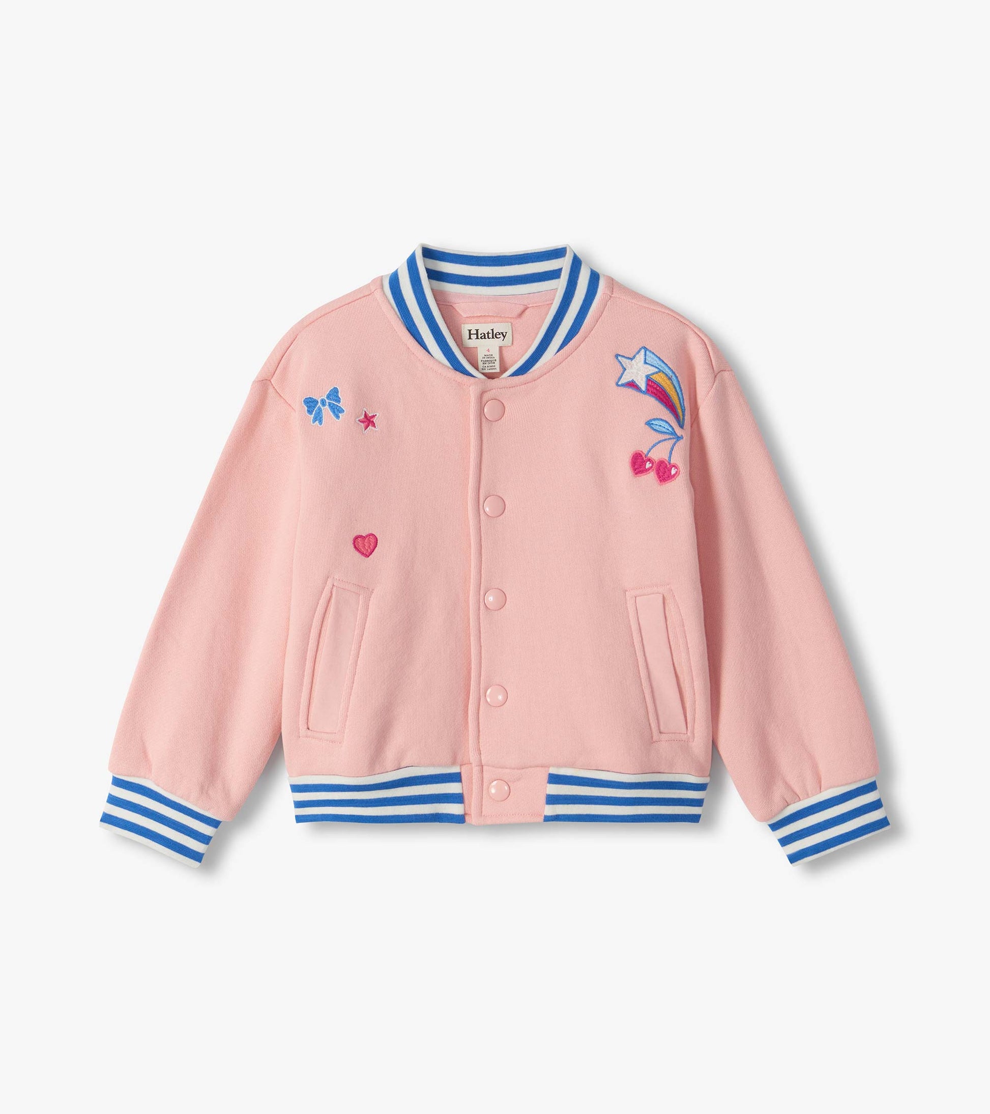 Front view of pink varsity bomber jacket with blue striped trim and star, bow, heart, and cherry patches