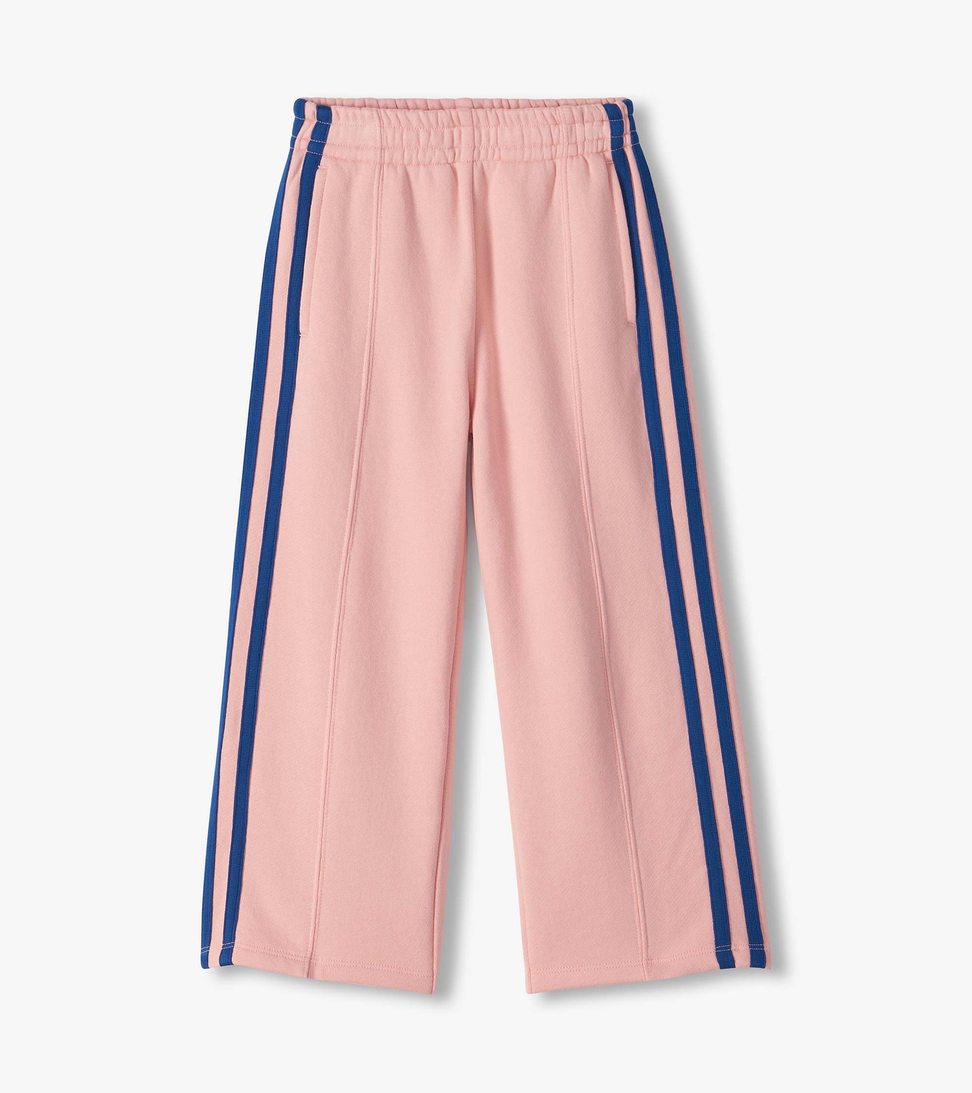 Blossom wide leg track pants in pink with blue side stripes and an elastic waistband