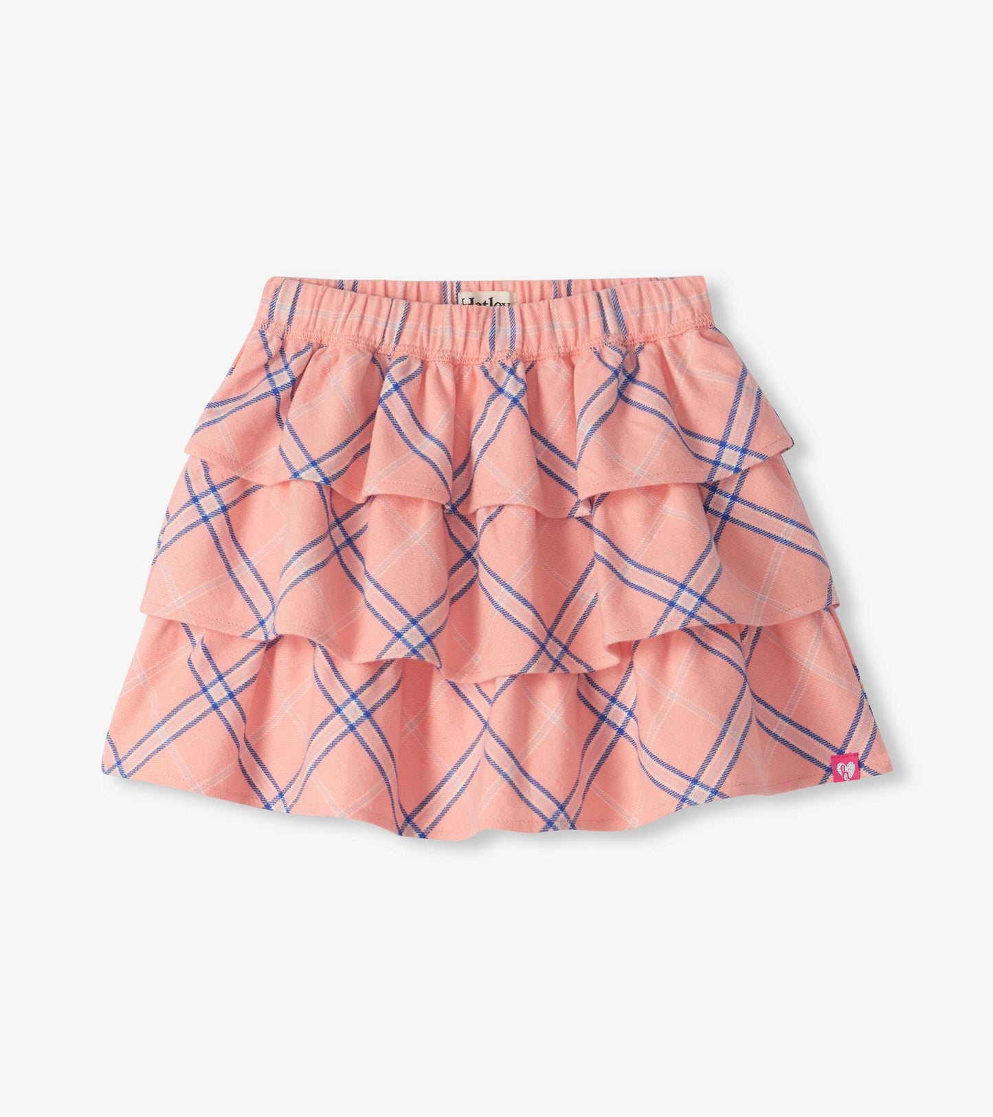 Girls pink plaid ruffle skirt with elastic waistband and tiered flounce layers
