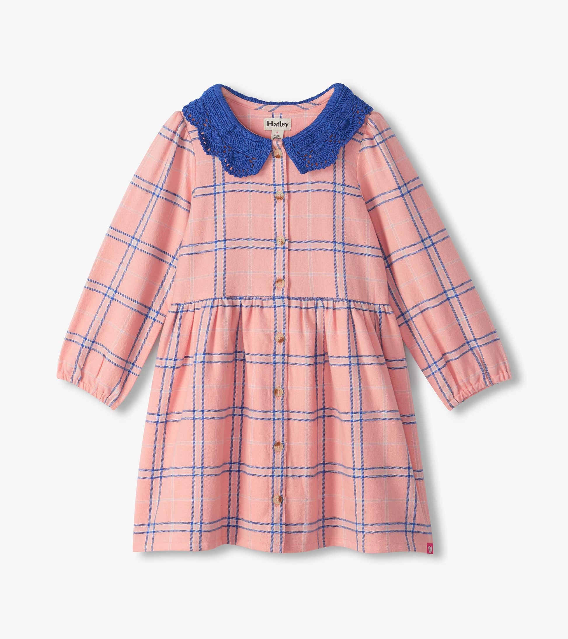 Girls pink plaid button-front dress with long sleeves, gathered waist, and blue crochet collar