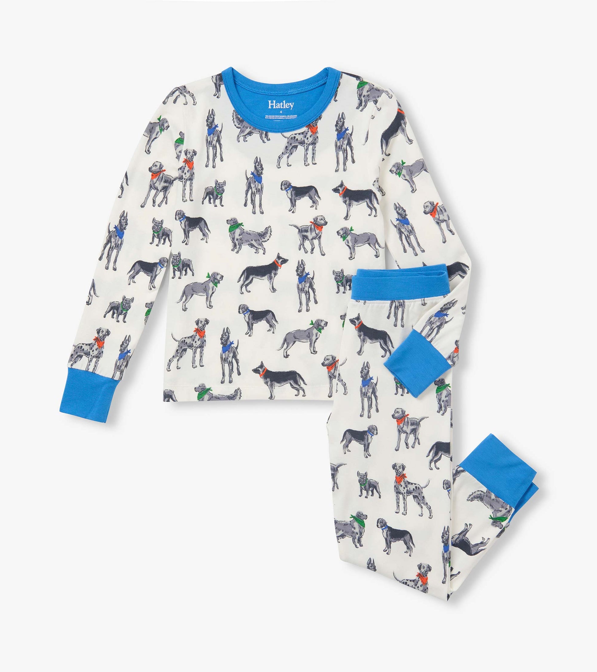 Kids two-piece pajama set with dog print, blue collar and cuffs, and matching printed pants