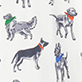 View Boys Grey Dogs Pyjama Set White swatch with scattered grey dog illustrations and small red and green accents