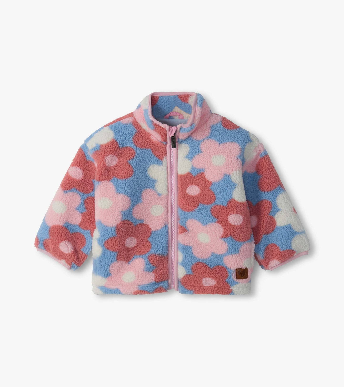 Infant mock neck zip jacket with pink, blue, and cream oversized flower print, front view