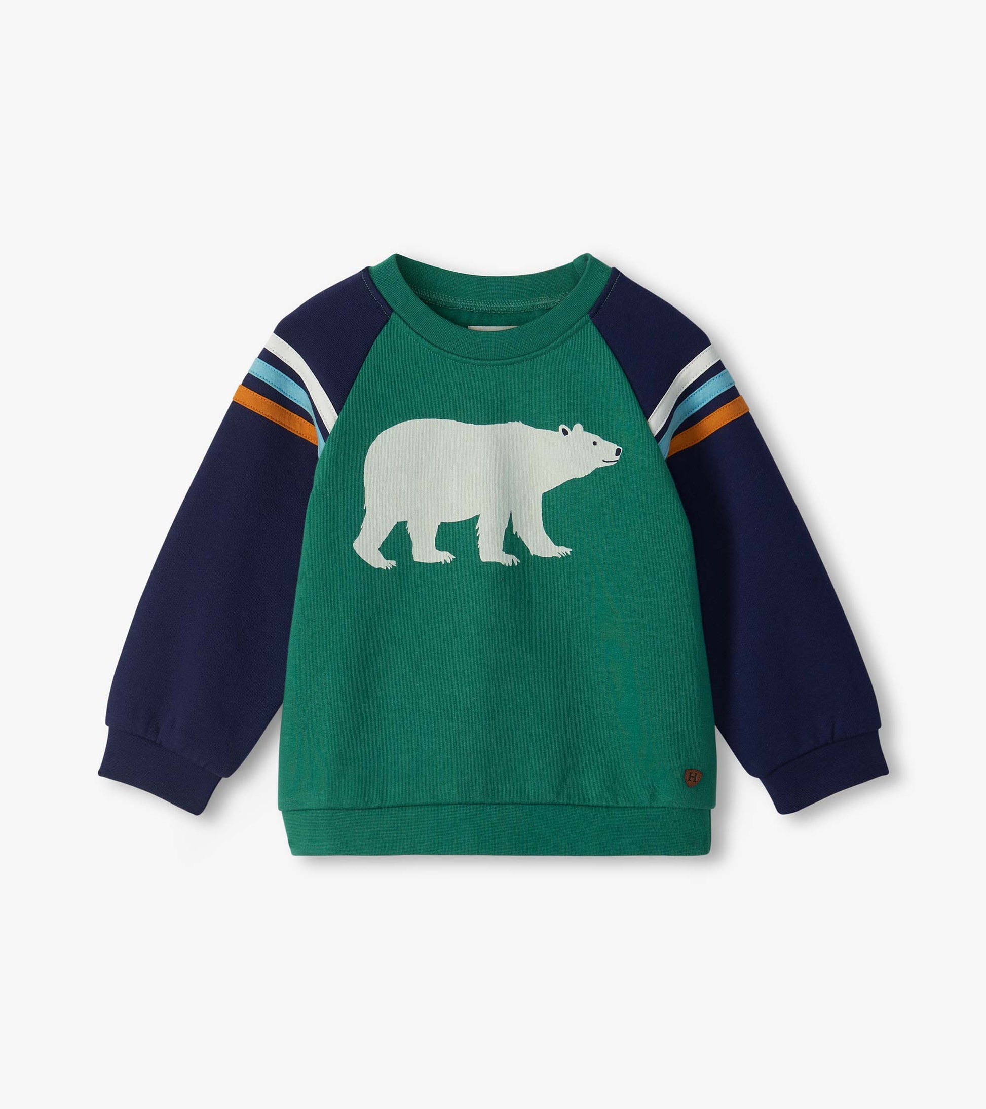 Green pullover sweatshirt with navy raglan sleeves, striped shoulders, and white polar bear graphic