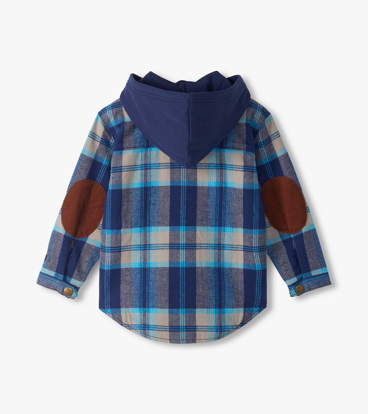 Back view of blue plaid woven flannel hoodie with navy hood and brown elbow patches